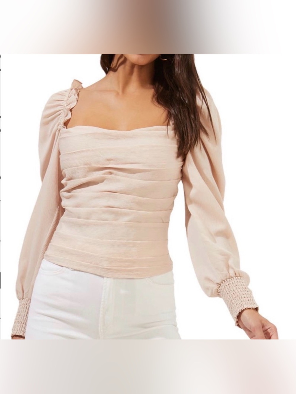 Astr the Label Square Neck Puff Sleeve Smocked Blush Top Medium